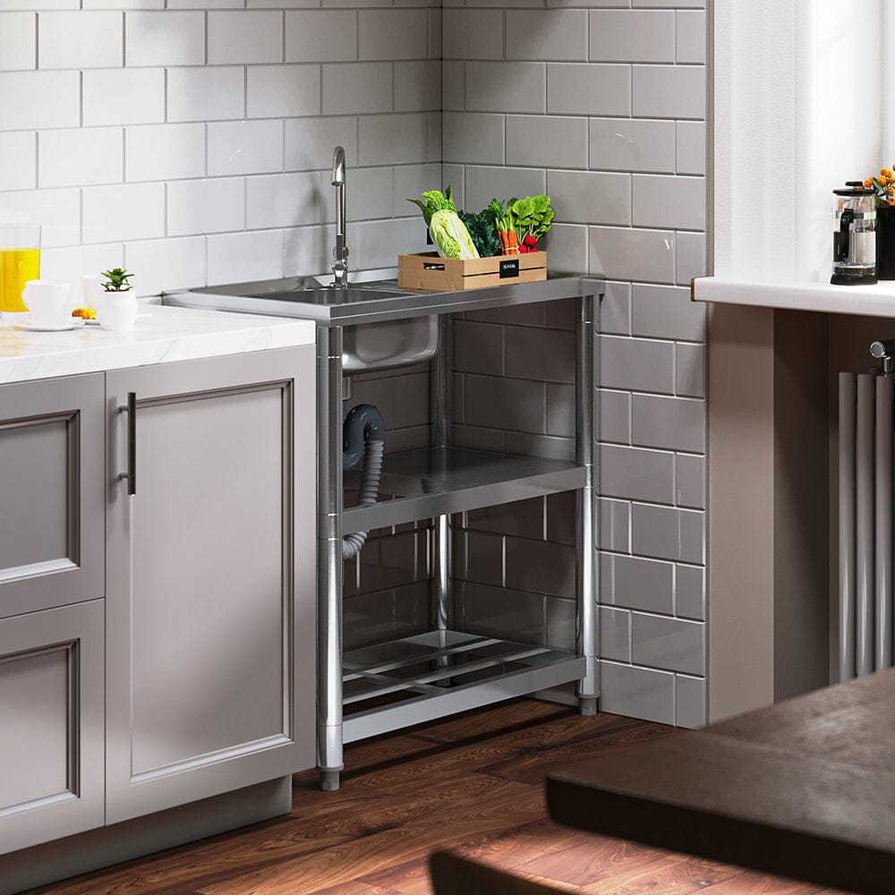Stainless Steel One Compartment Sink with Shelves and Drainboard Living and Home