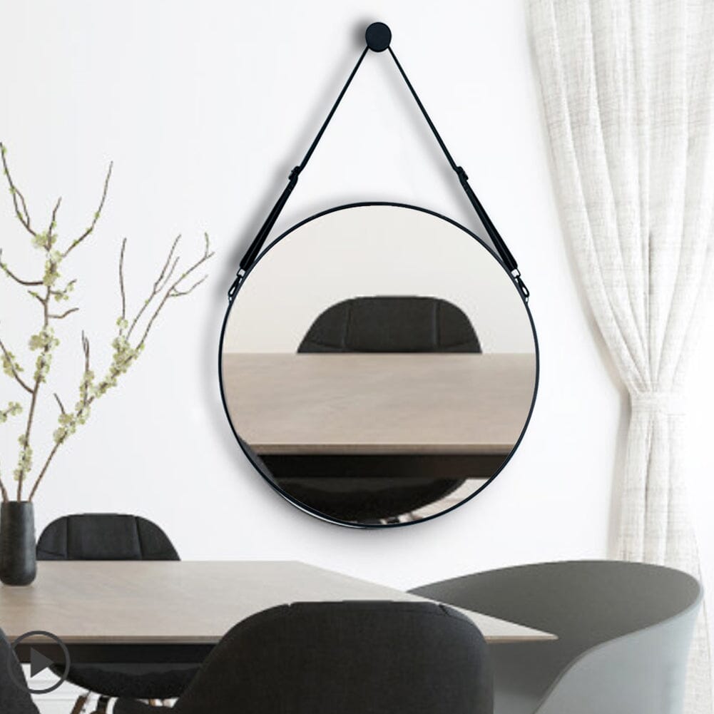 Retro Round Hanging Mirror with Adjustable Leather Strap Wall Mirrors Living and Home 70CM