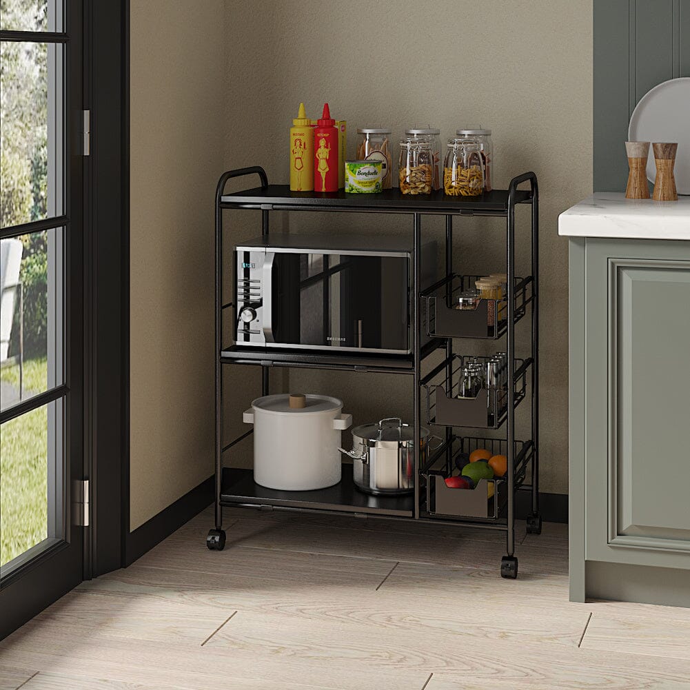 Sleek Black Microwave Rack with Four Tiers for Optimal Kitchen Organization Living and Home