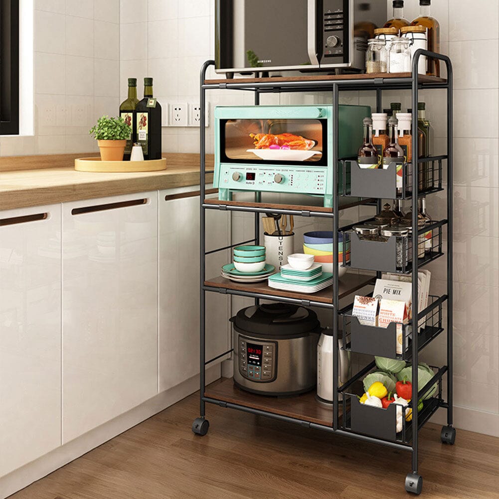 Sleek Black Microwave Rack with Four Tiers for Optimal Kitchen Organization Living and Home
