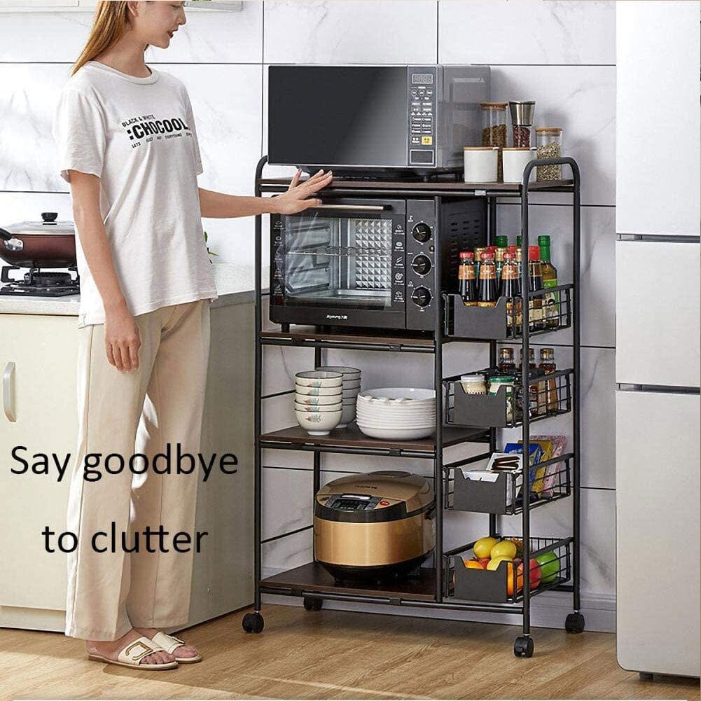 Sleek Black Microwave Rack with Four Tiers for Optimal Kitchen Organization Living and Home