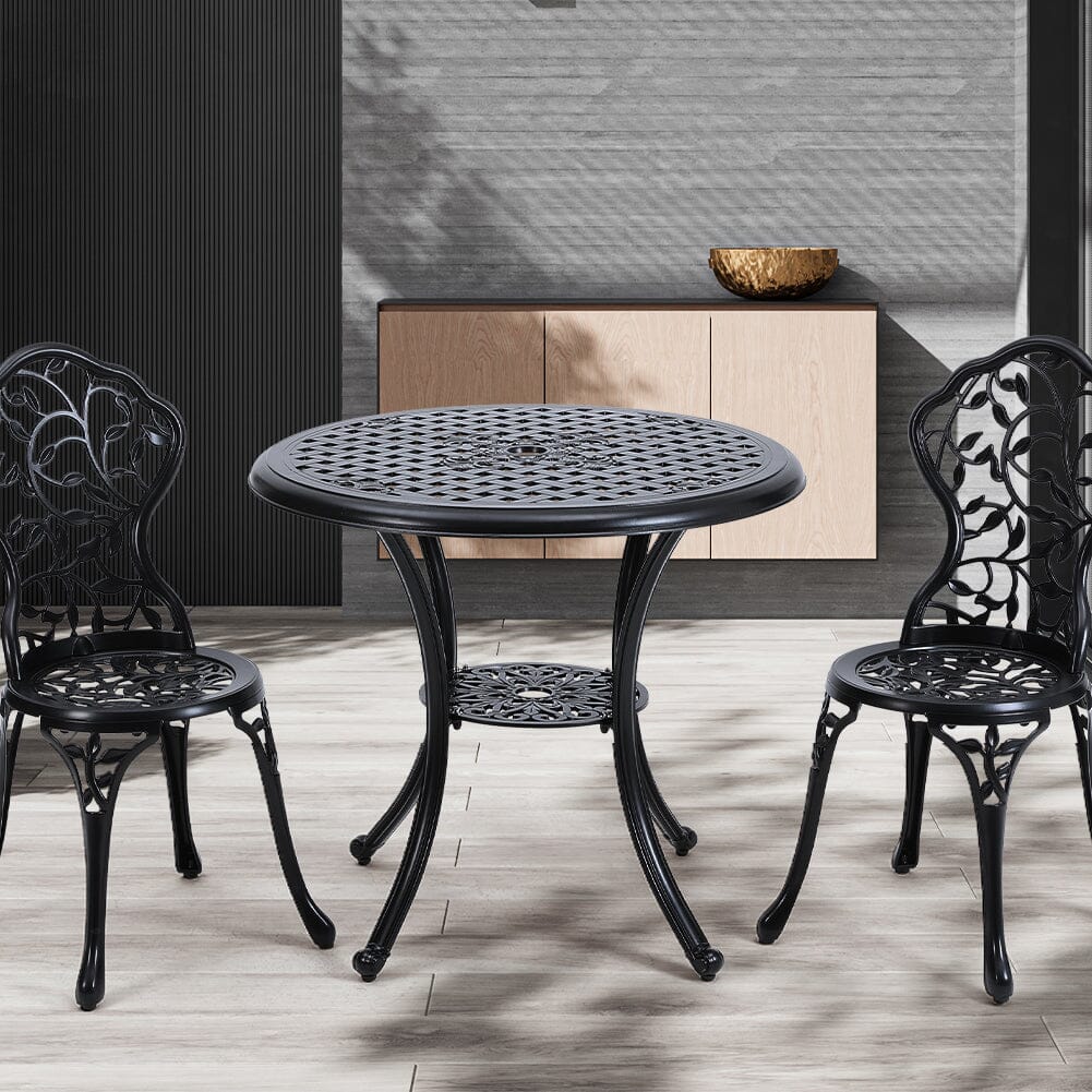 Black Cast Aluminum Round Patio Dining Table with Umbrella Hole Garden Dining Tables Living and Home