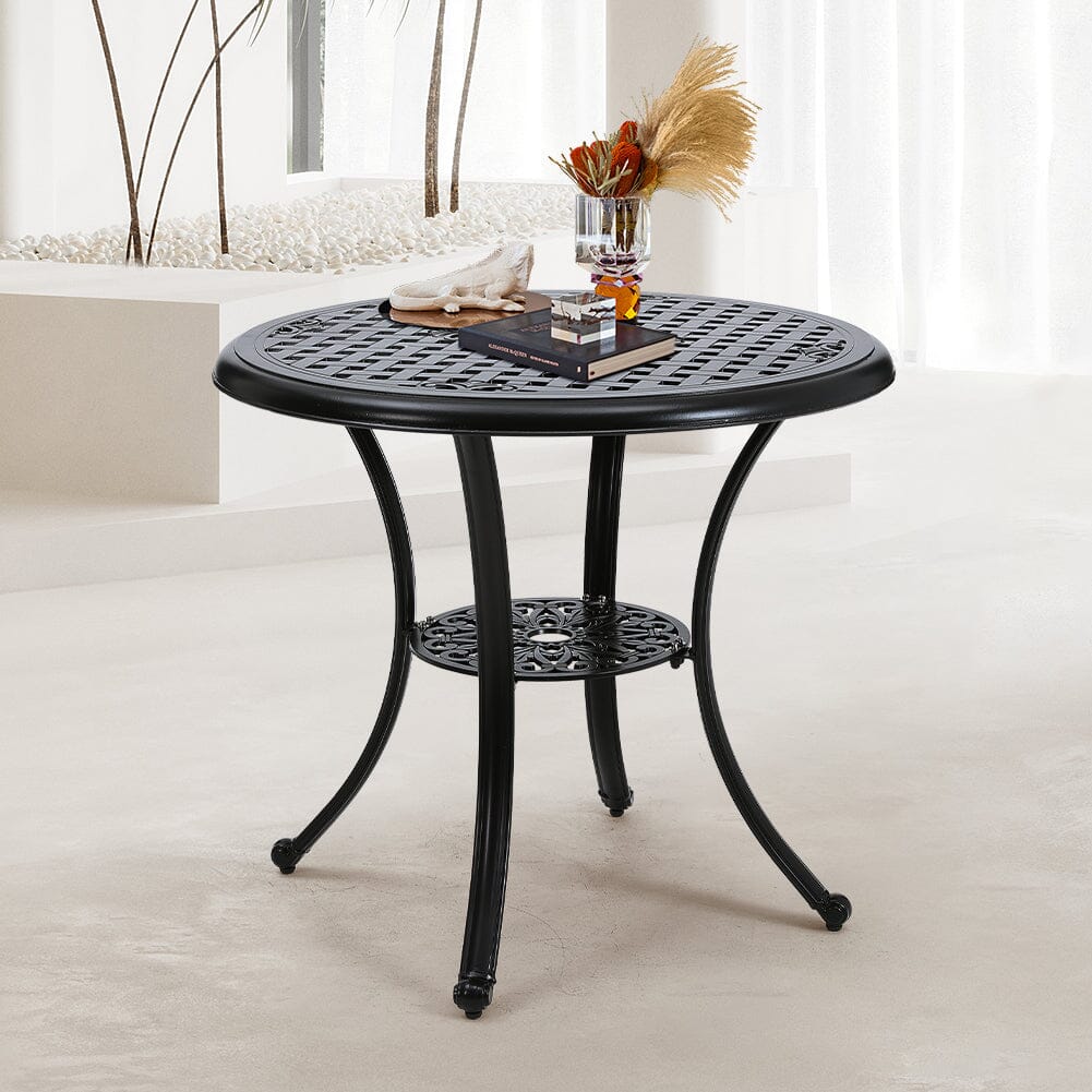 Black Cast Aluminum Round Patio Dining Table with Umbrella Hole Garden Dining Tables Living and Home