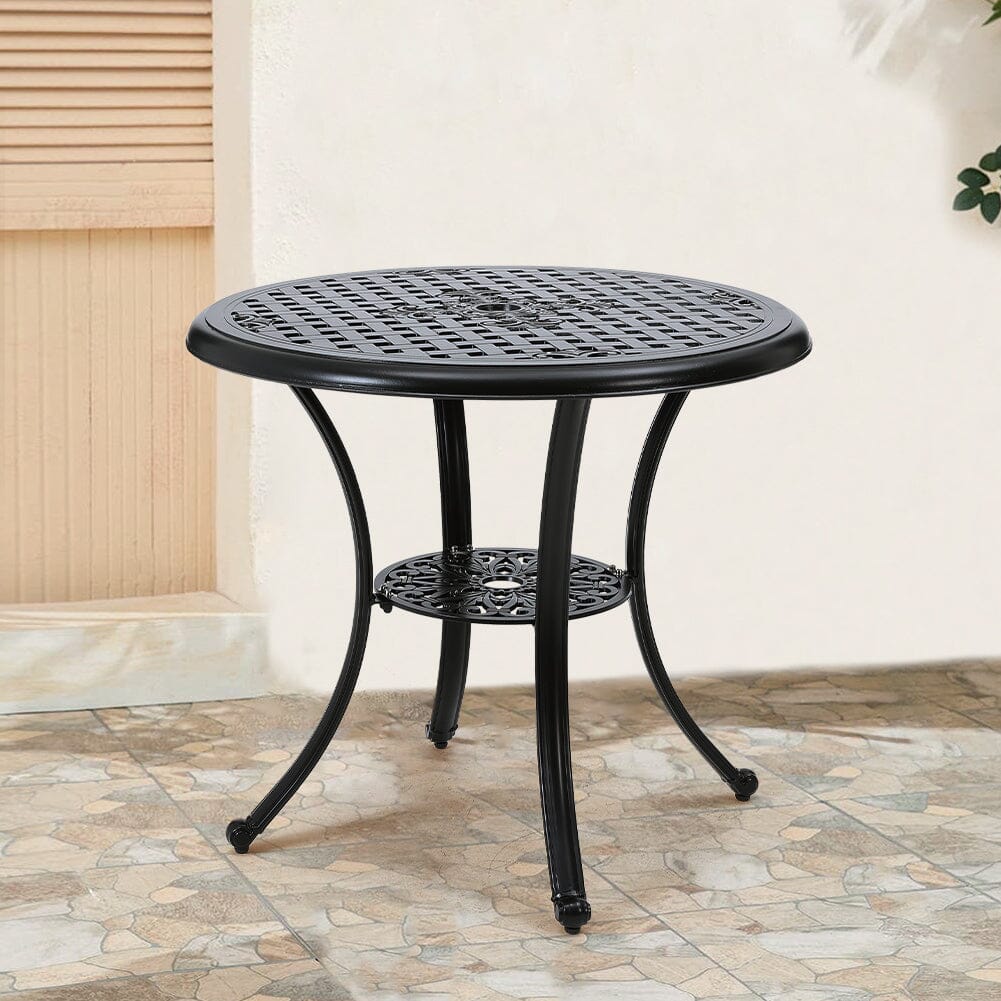 Black Cast Aluminum Round Patio Dining Table with Umbrella Hole Garden Dining Tables Living and Home