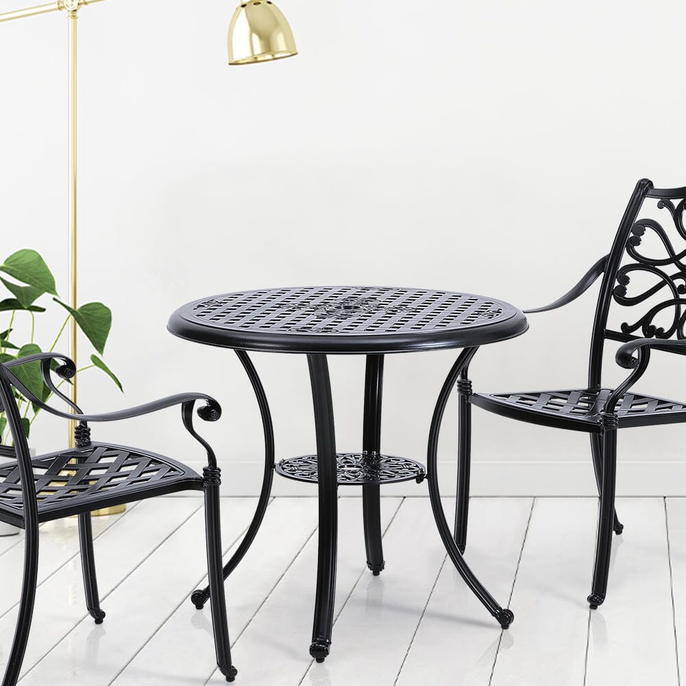 Black Cast Aluminum Round Patio Dining Table with Umbrella Hole Garden Dining Tables Living and Home