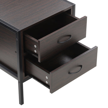 Dark Brown Wooden Nightstand with Metal Frame and 2 Drawers