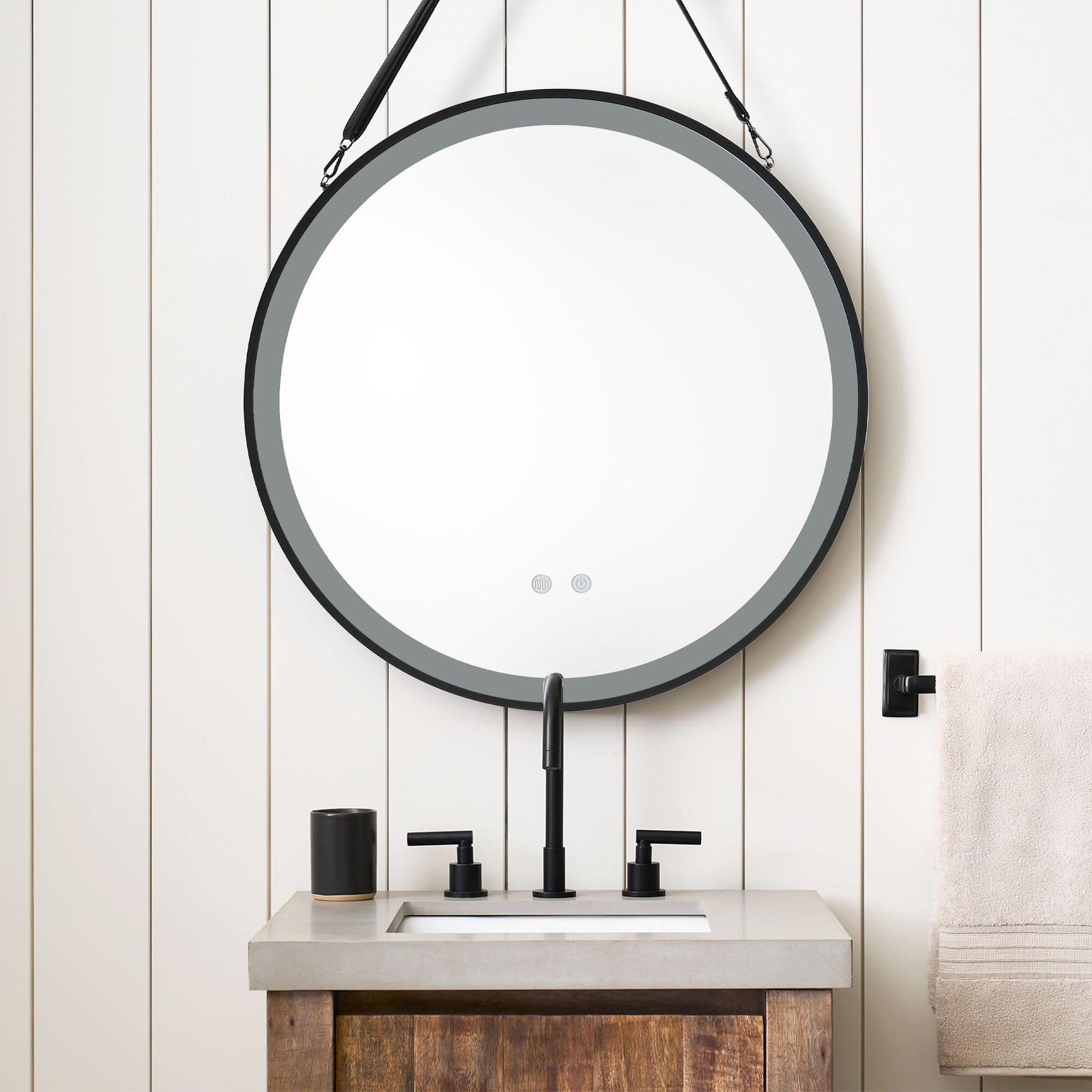 Round Metal LED Mirror with Hanging Strap Bathroom Mirrors Living and Home