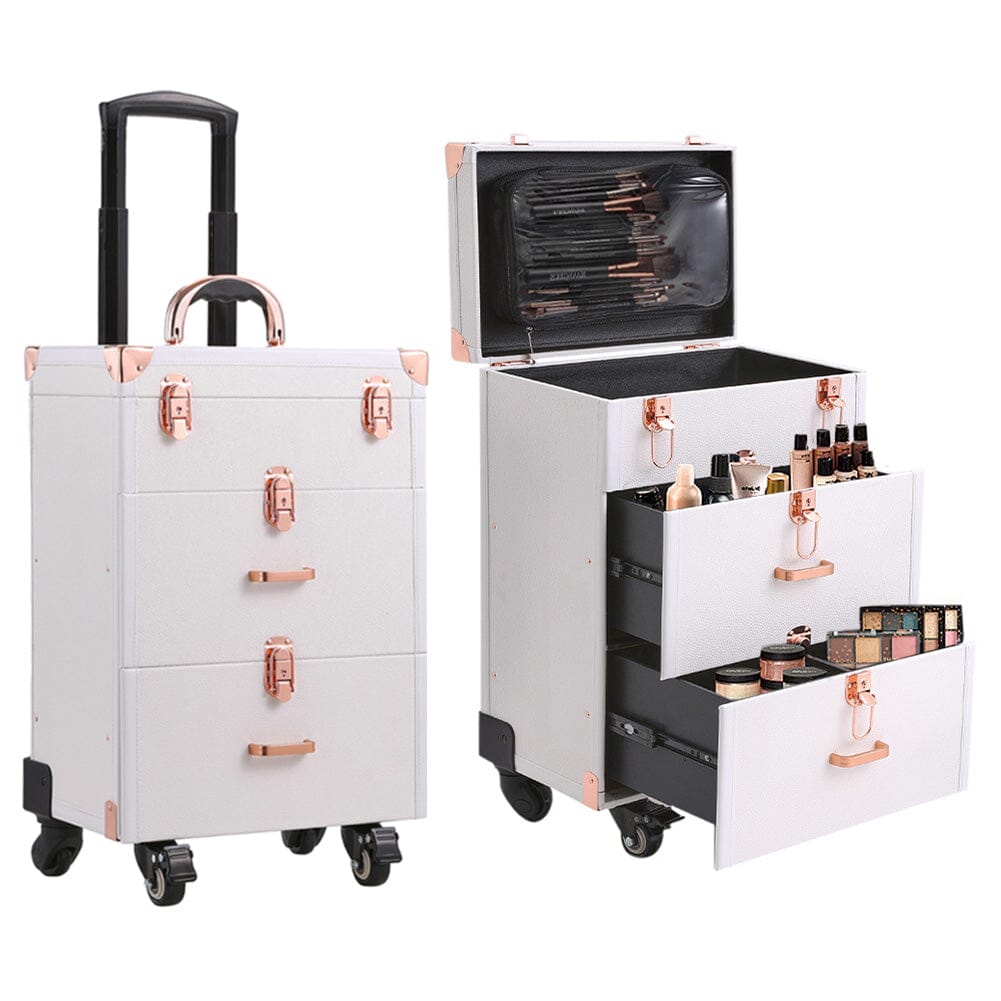 White/Green 3 in 1 Professional Cosmetic Trolley Case Makeup Box on Wheels Makeup Organizers Living and Home