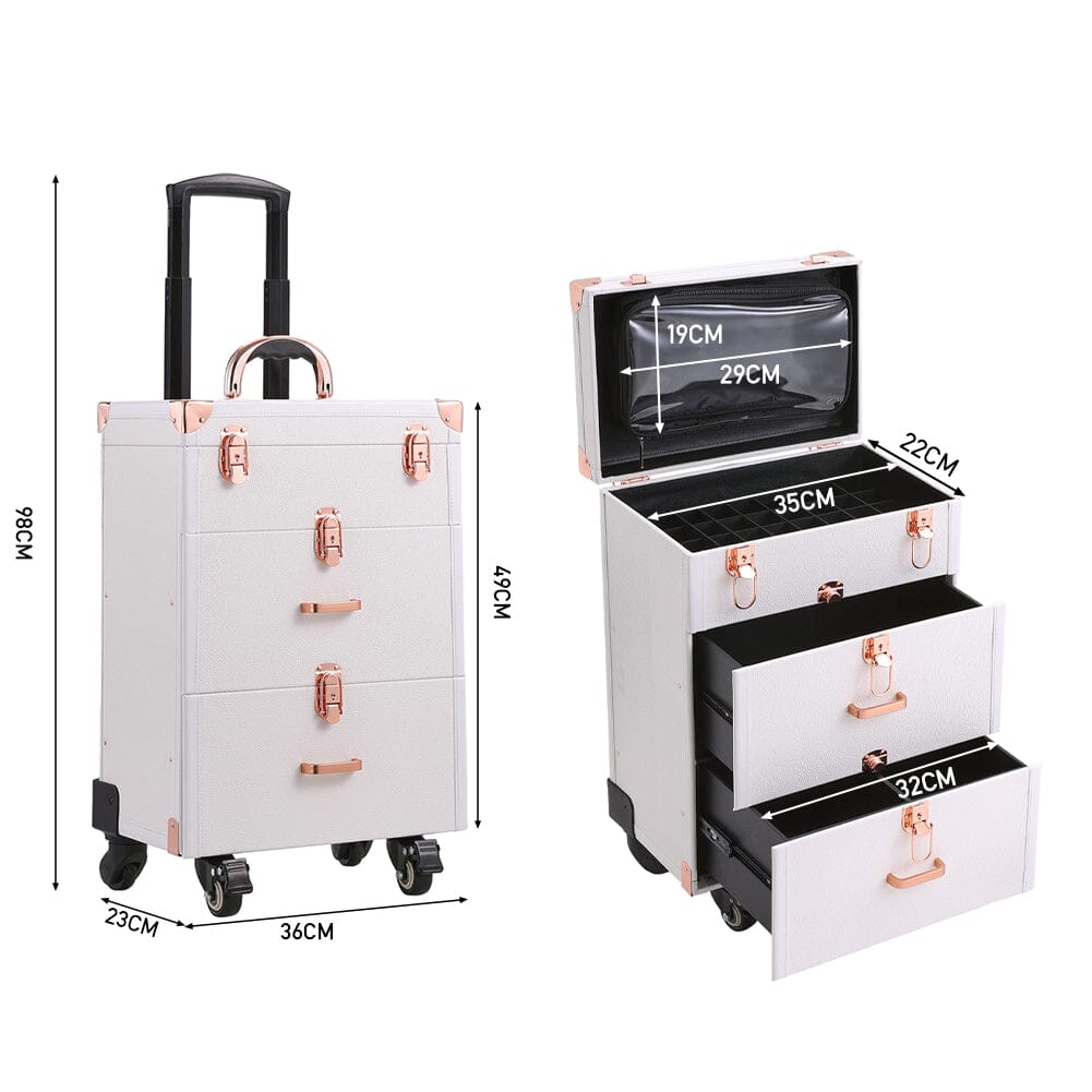 White/Green 3 in 1 Professional Cosmetic Trolley Case Makeup Box on Wheels Makeup Organizers Living and Home