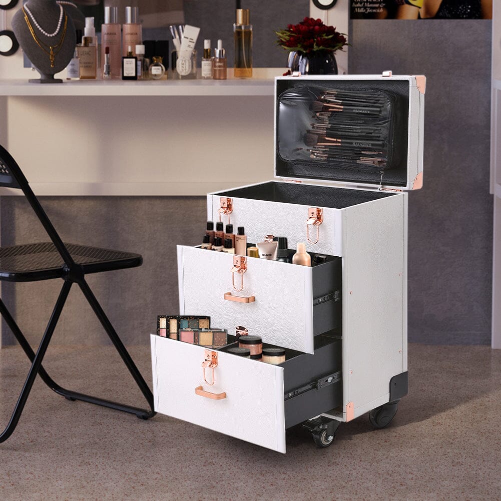 White/Green 3 in 1 Professional Cosmetic Trolley Case Makeup Box on Wheels Makeup Organizers Living and Home