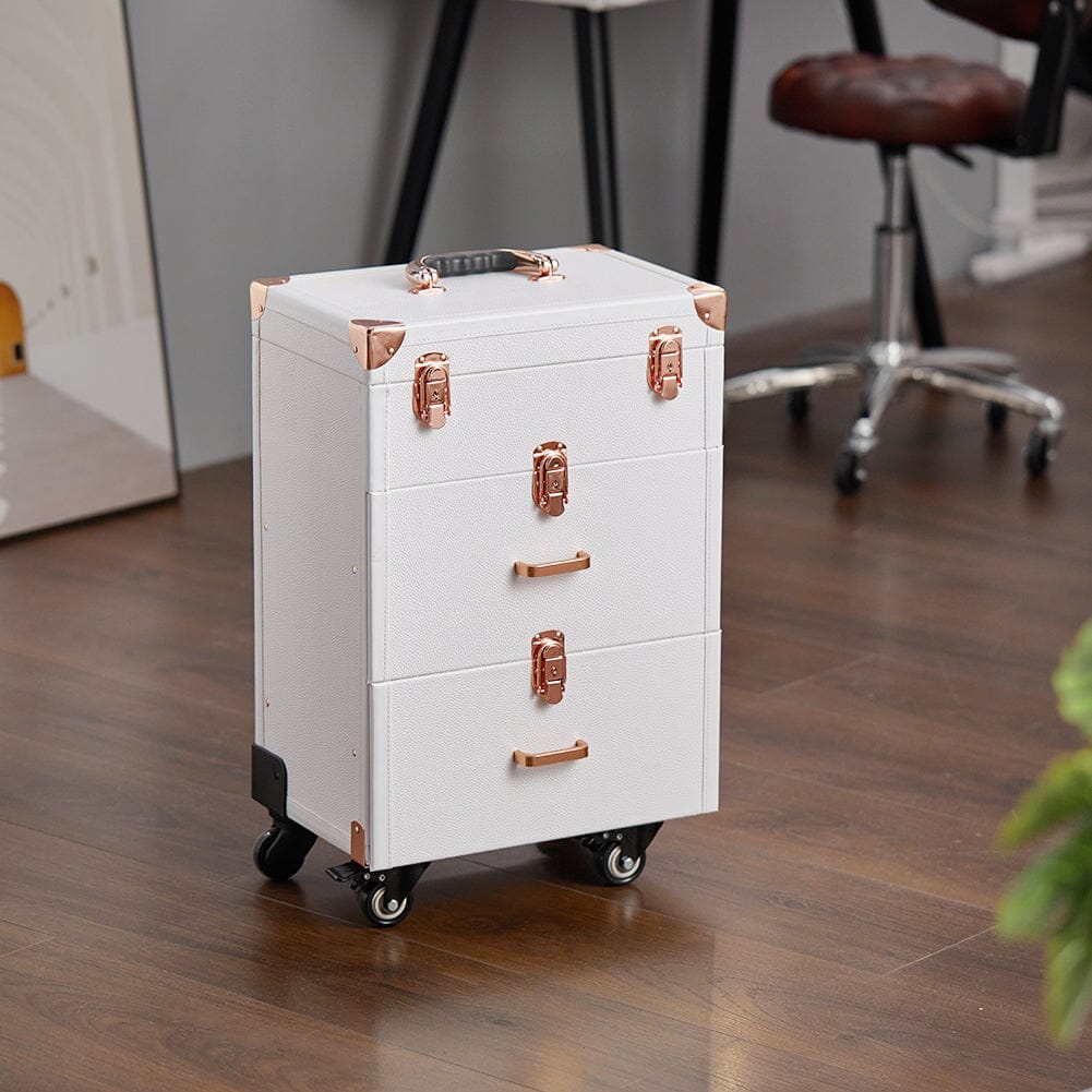 White/Green 3 in 1 Professional Cosmetic Trolley Case Makeup Box on Wheels Makeup Organizers Living and Home