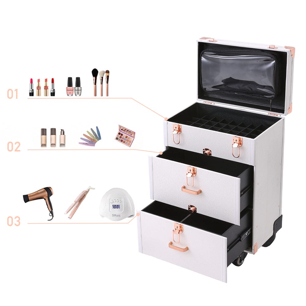 White/Green 3 in 1 Professional Cosmetic Trolley Case Makeup Box on Wheels Makeup Organizers Living and Home