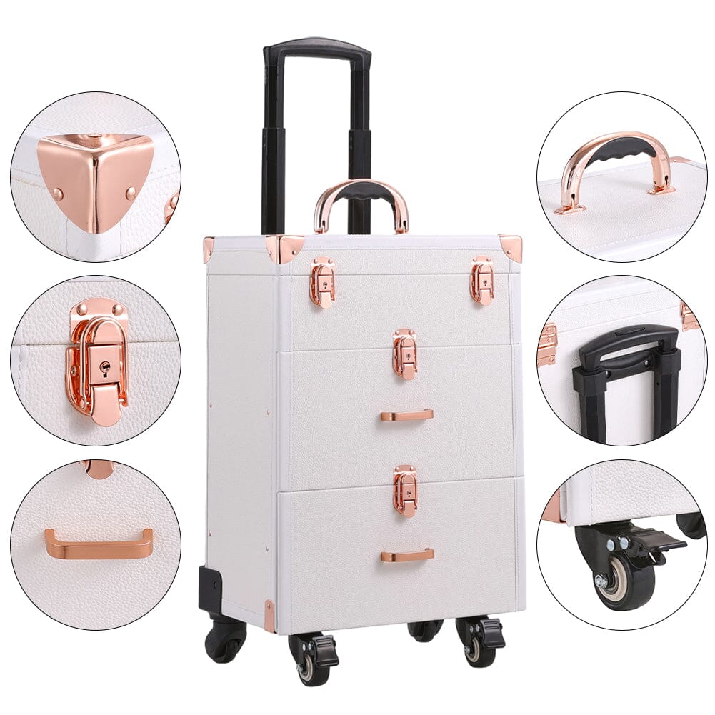 White/Green 3 in 1 Professional Cosmetic Trolley Case Makeup Box on Wheels Makeup Organizers Living and Home
