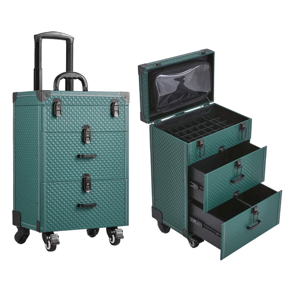 White/Green 3 in 1 Professional Cosmetic Trolley Case Makeup Box on Wheels Makeup Organizers Living and Home