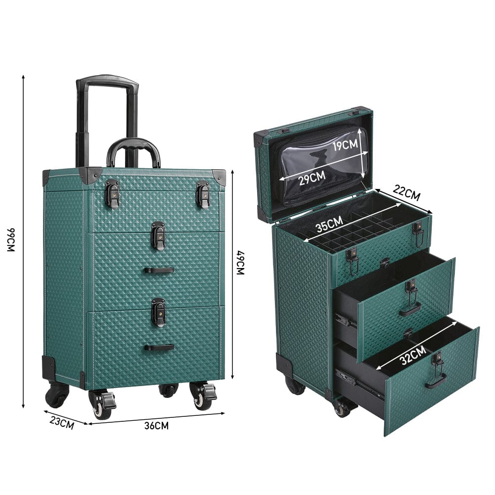 White/Green 3 in 1 Professional Cosmetic Trolley Case Makeup Box on Wheels Makeup Organizers Living and Home
