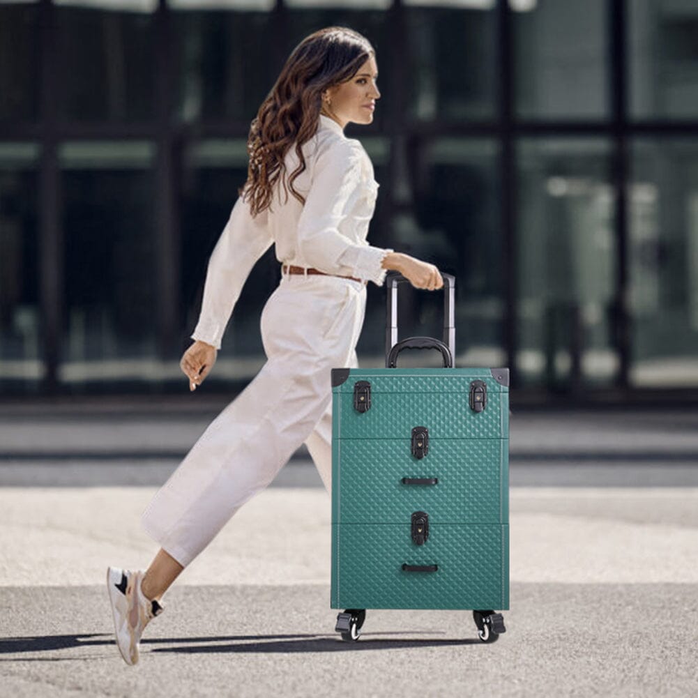 White/Green 3 in 1 Professional Cosmetic Trolley Case Makeup Box on Wheels Makeup Organizers Living and Home