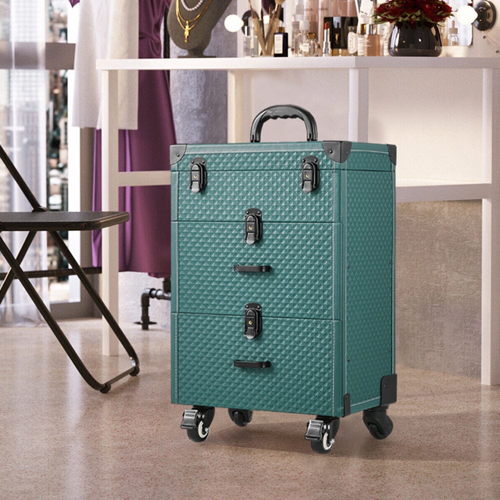 White/Green 3 in 1 Professional Cosmetic Trolley Case Makeup Box on Wheels Makeup Organizers Living and Home