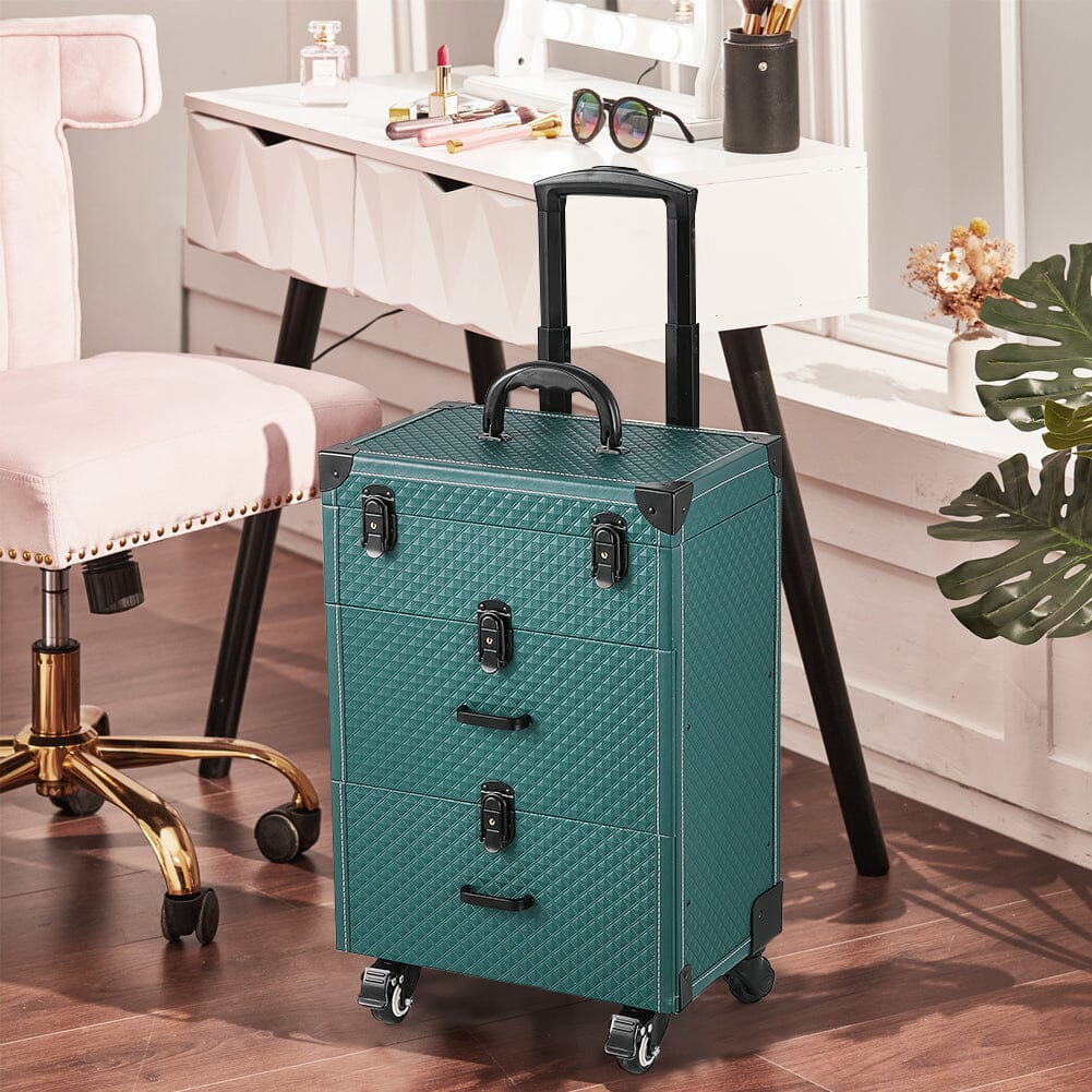 White/Green 3 in 1 Professional Cosmetic Trolley Case Makeup Box on Wheels Makeup Organizers Living and Home