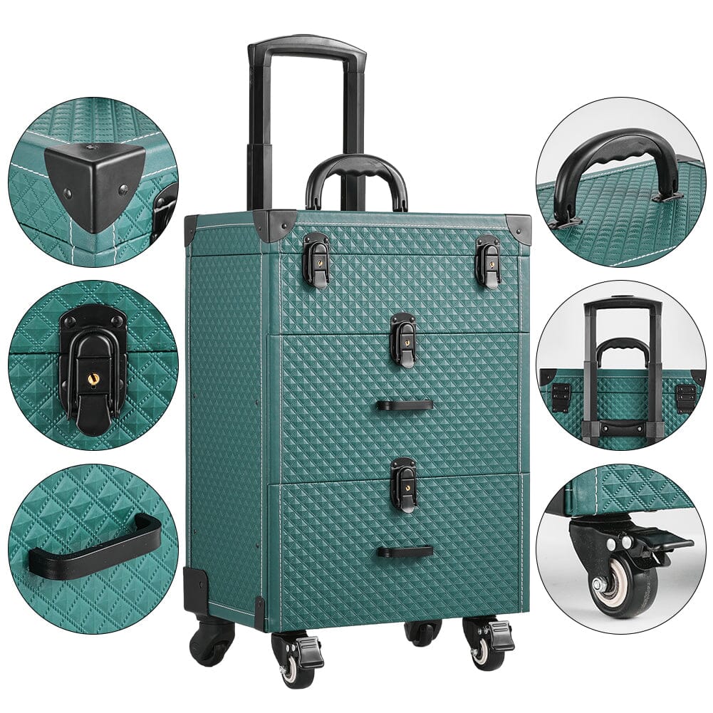 White/Green 3 in 1 Professional Cosmetic Trolley Case Makeup Box on Wheels Makeup Organizers Living and Home