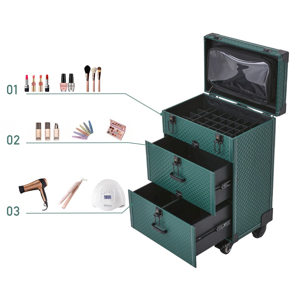White/Green 3 in 1 Professional Cosmetic Trolley Case Makeup Box on Wheels Makeup Organizers Living and Home