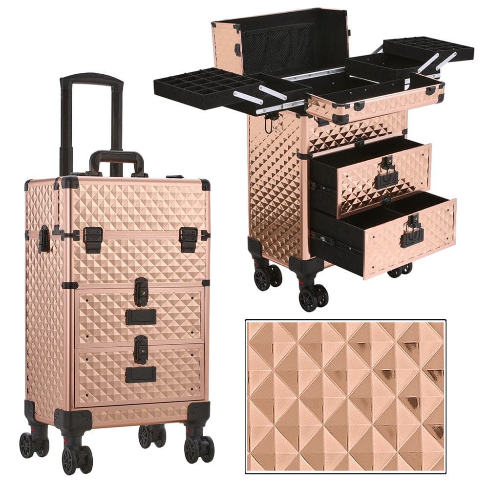 3 in 1 Large Rose Gold Cosmetic Trolley Case on Wheels with 2 Drawers Makeup Organizers Living and Home
