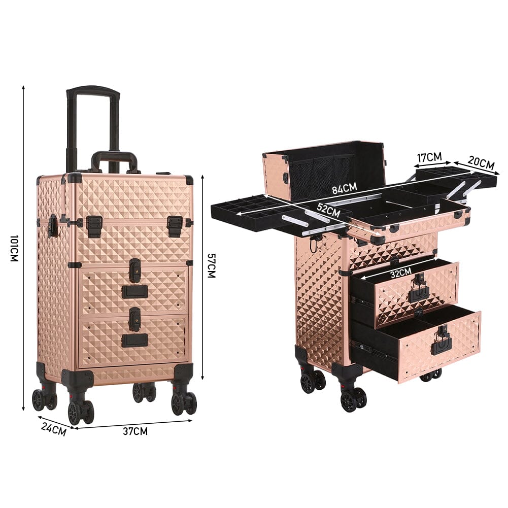 3 in 1 Large Rose Gold Cosmetic Trolley Case on Wheels with 2 Drawers Makeup Organizers Living and Home
