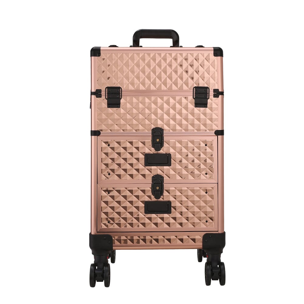 3 in 1 Large Rose Gold Cosmetic Trolley Case on Wheels with 2 Drawers Makeup Organizers Living and Home