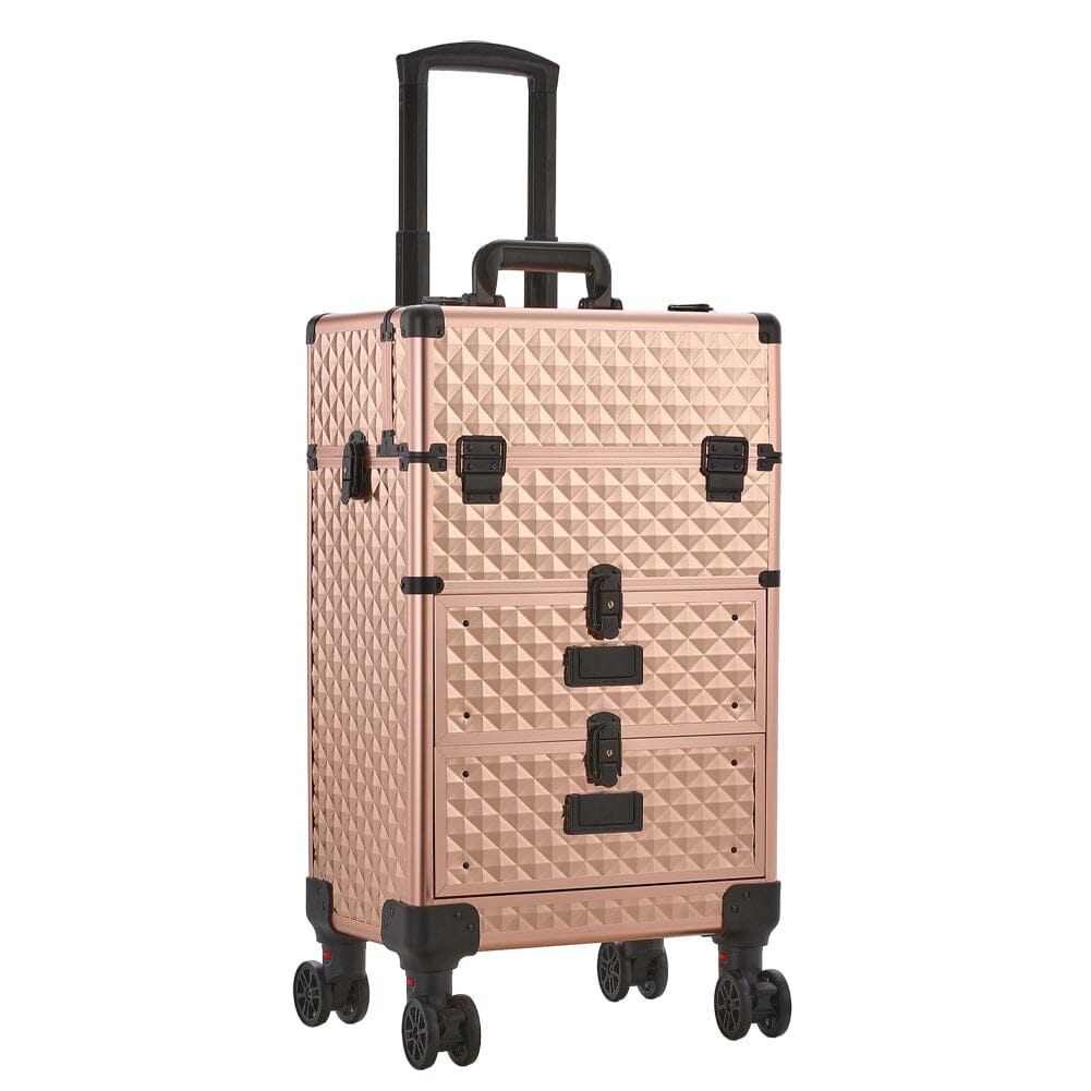 3 in 1 Large Rose Gold Cosmetic Trolley Case on Wheels with 2 Drawers Makeup Organizers Living and Home