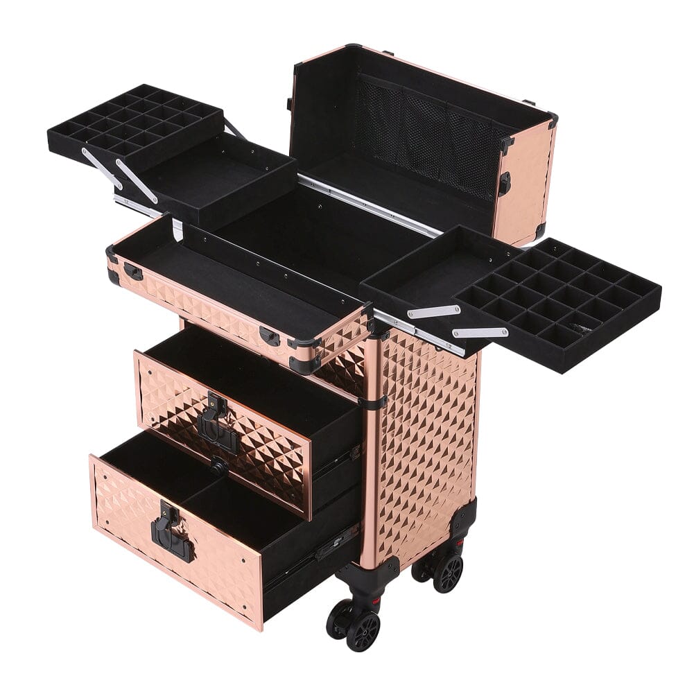 3 in 1 Large Rose Gold Cosmetic Trolley Case on Wheels with 2 Drawers Makeup Organizers Living and Home