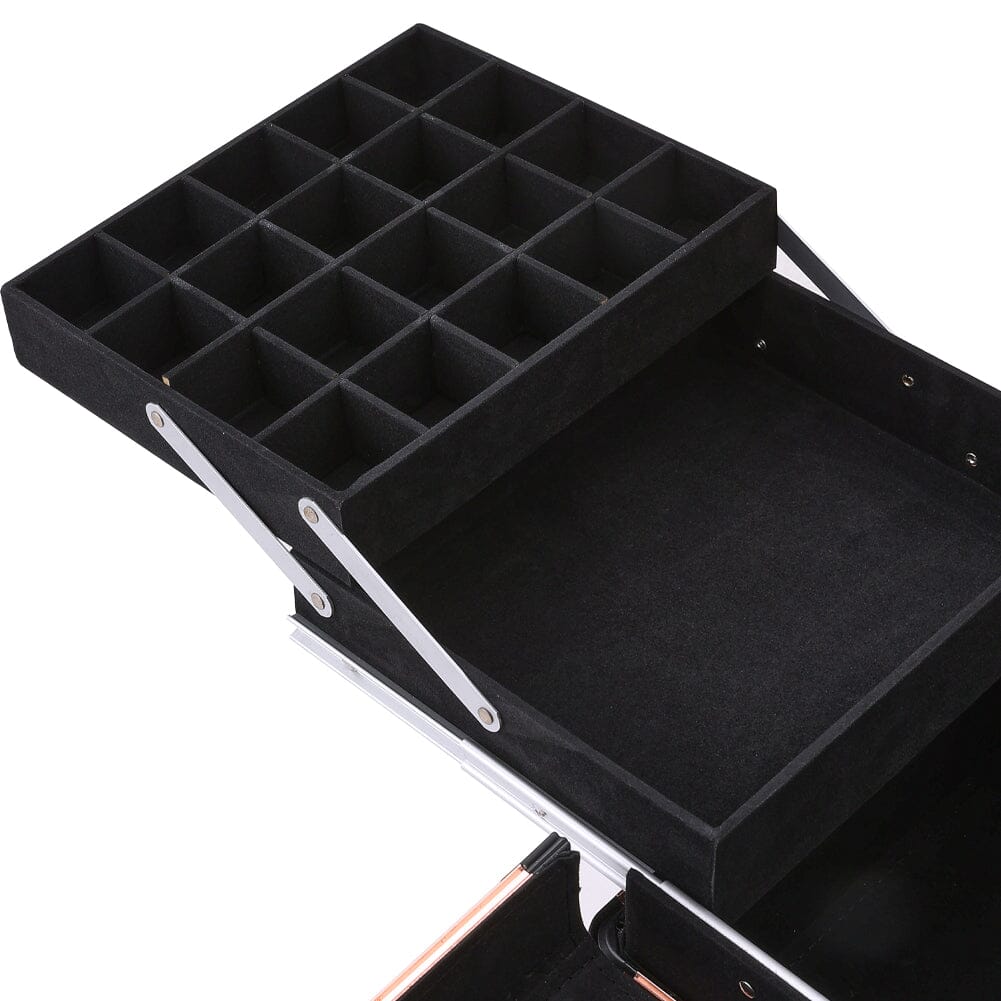 3 in 1 Large Rose Gold Cosmetic Trolley Case on Wheels with 2 Drawers Makeup Organizers Living and Home