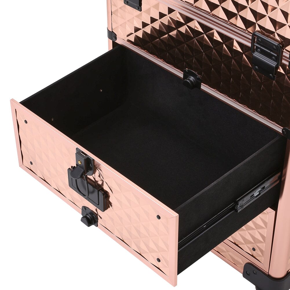 3 in 1 Large Rose Gold Cosmetic Trolley Case on Wheels with 2 Drawers Makeup Organizers Living and Home