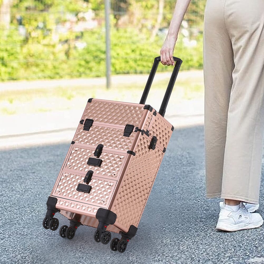 3 in 1 Large Rose Gold Cosmetic Trolley Case on Wheels with 2 Drawers Makeup Organizers Living and Home