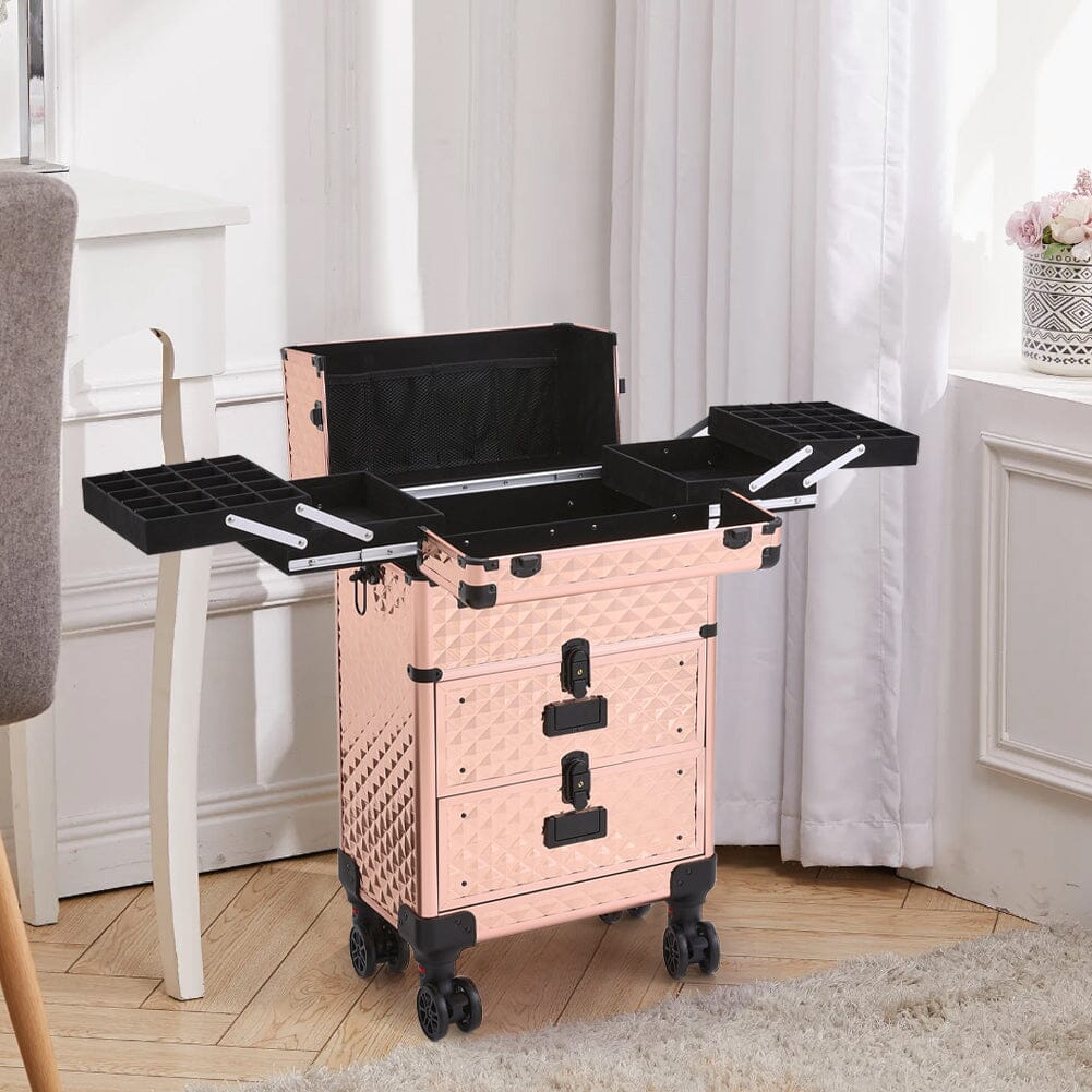3 in 1 Large Rose Gold Cosmetic Trolley Case on Wheels with 2 Drawers Makeup Organizers Living and Home