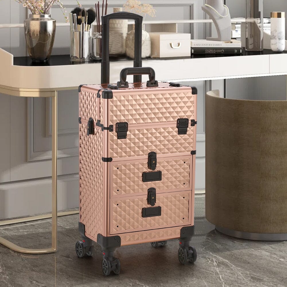 3 in 1 Large Rose Gold Cosmetic Trolley Case on Wheels with 2 Drawers Makeup Organizers Living and Home