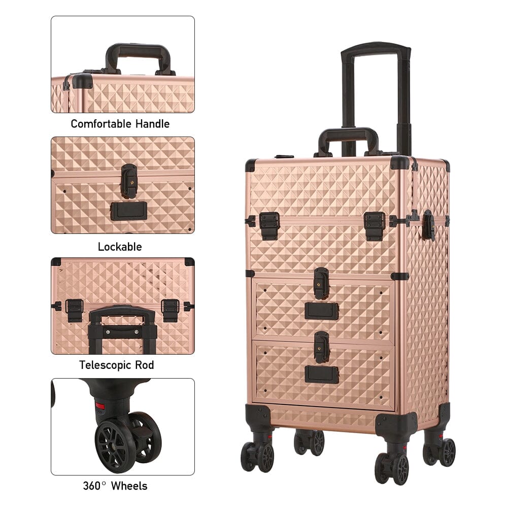 3 in 1 Large Rose Gold Cosmetic Trolley Case on Wheels with 2 Drawers Makeup Organizers Living and Home