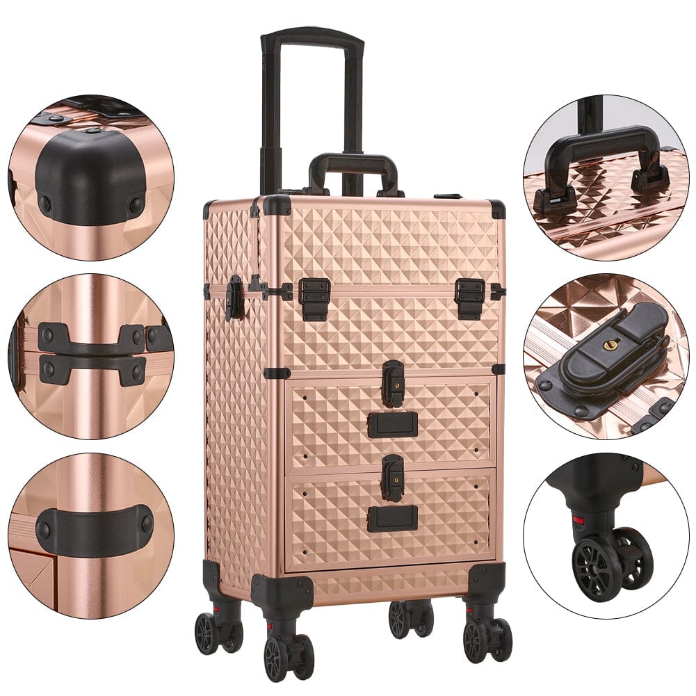 3 in 1 Large Rose Gold Cosmetic Trolley Case on Wheels with 2 Drawers Makeup Organizers Living and Home