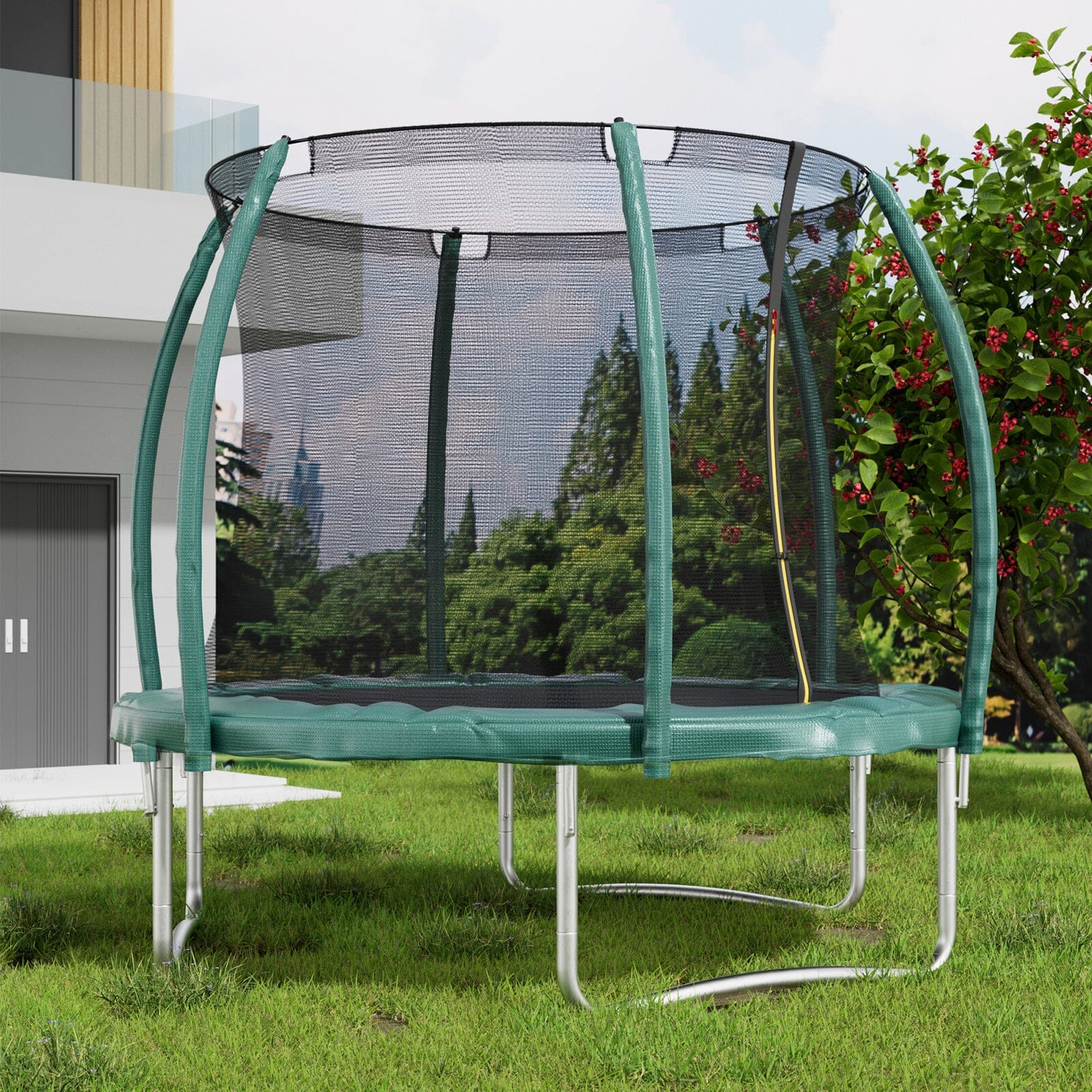 6FT/8FT/10FT/12FT/14FT Outdoor Enclosure Trampoline with Ladder in Green Living and Home