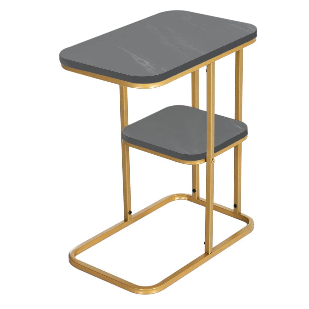 Stylish C-Shaped Two-Tier Side Table with Black Stone Pattern Living and Home