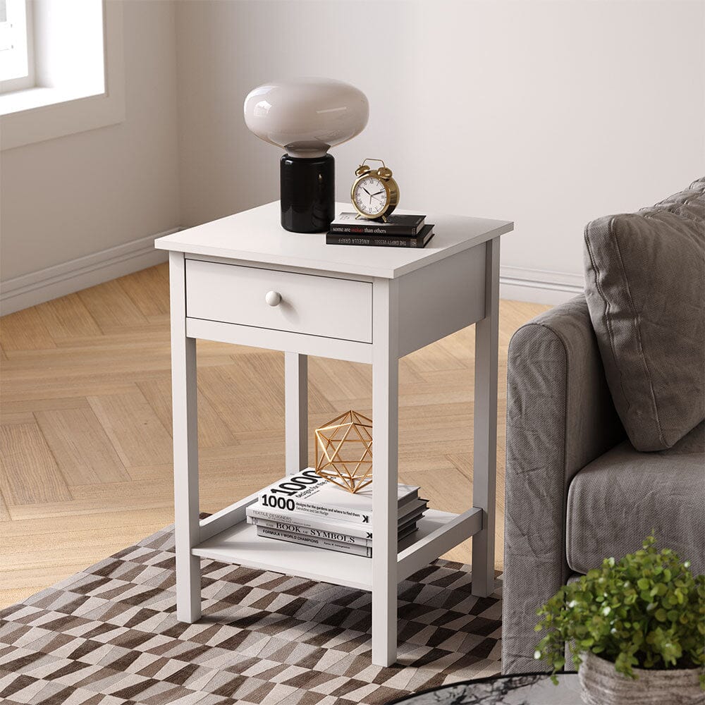 Elegant White Side Table with Eco-Friendly Design and Drawer Living and Home