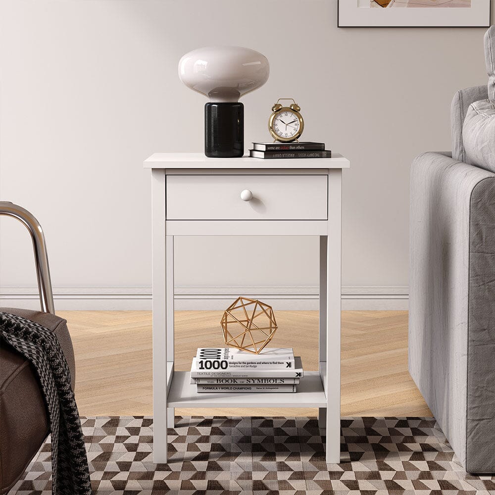 Elegant White Side Table with Eco-Friendly Design and Drawer Living and Home
