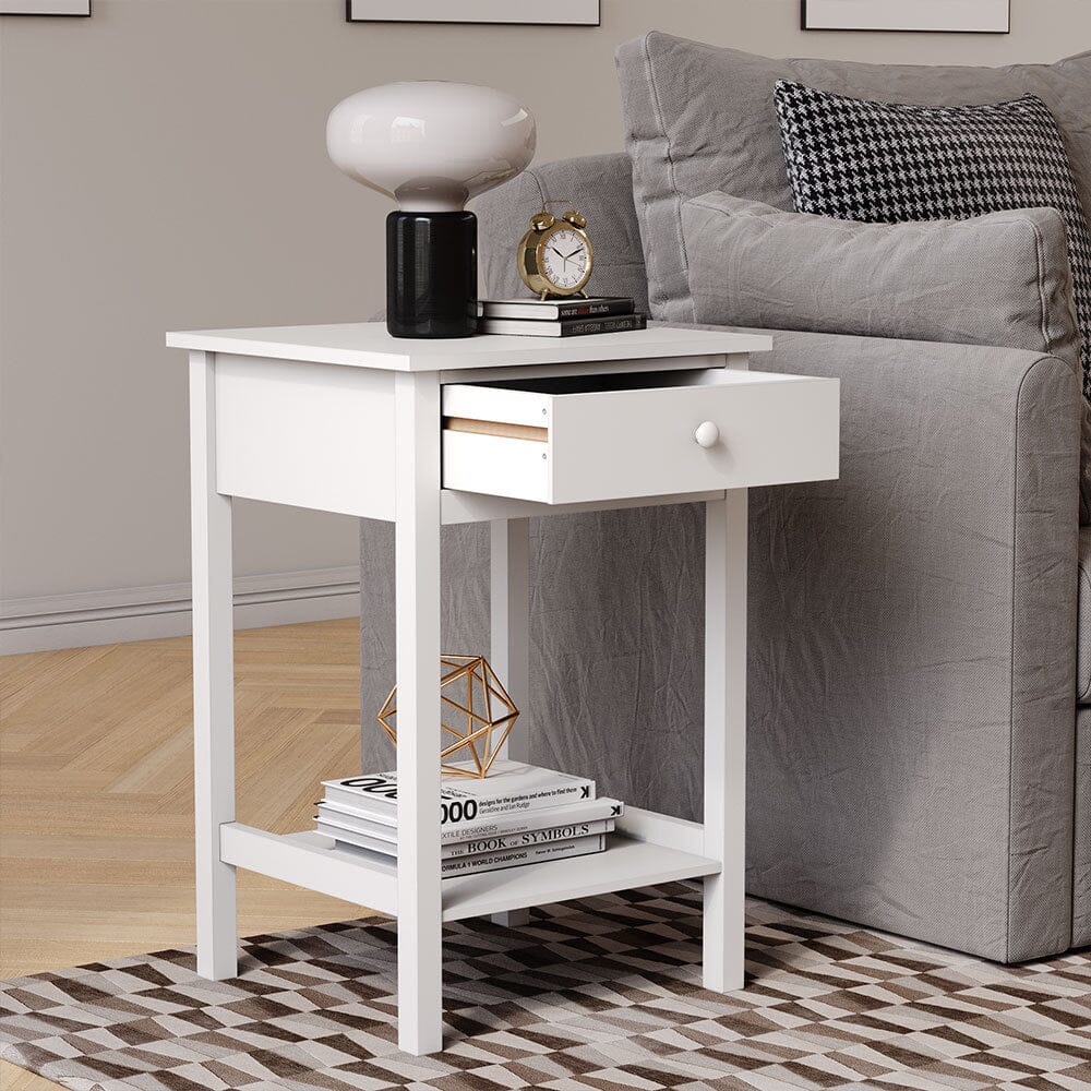 Elegant White Side Table with Eco-Friendly Design and Drawer Living and Home
