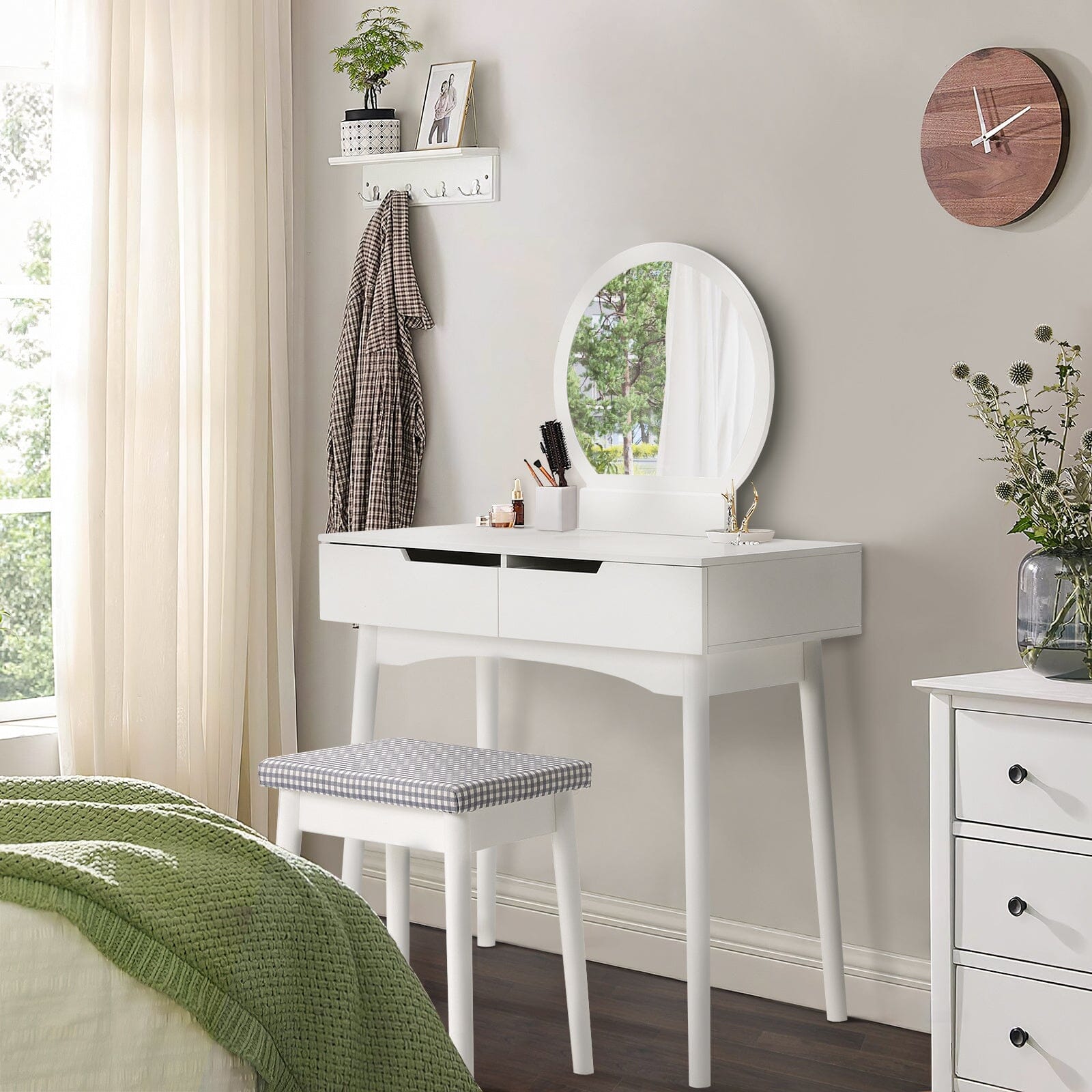Luxurious White Vanity Table with Drawer Storage, Checkered Stool, and Round Mirror Living and Home
