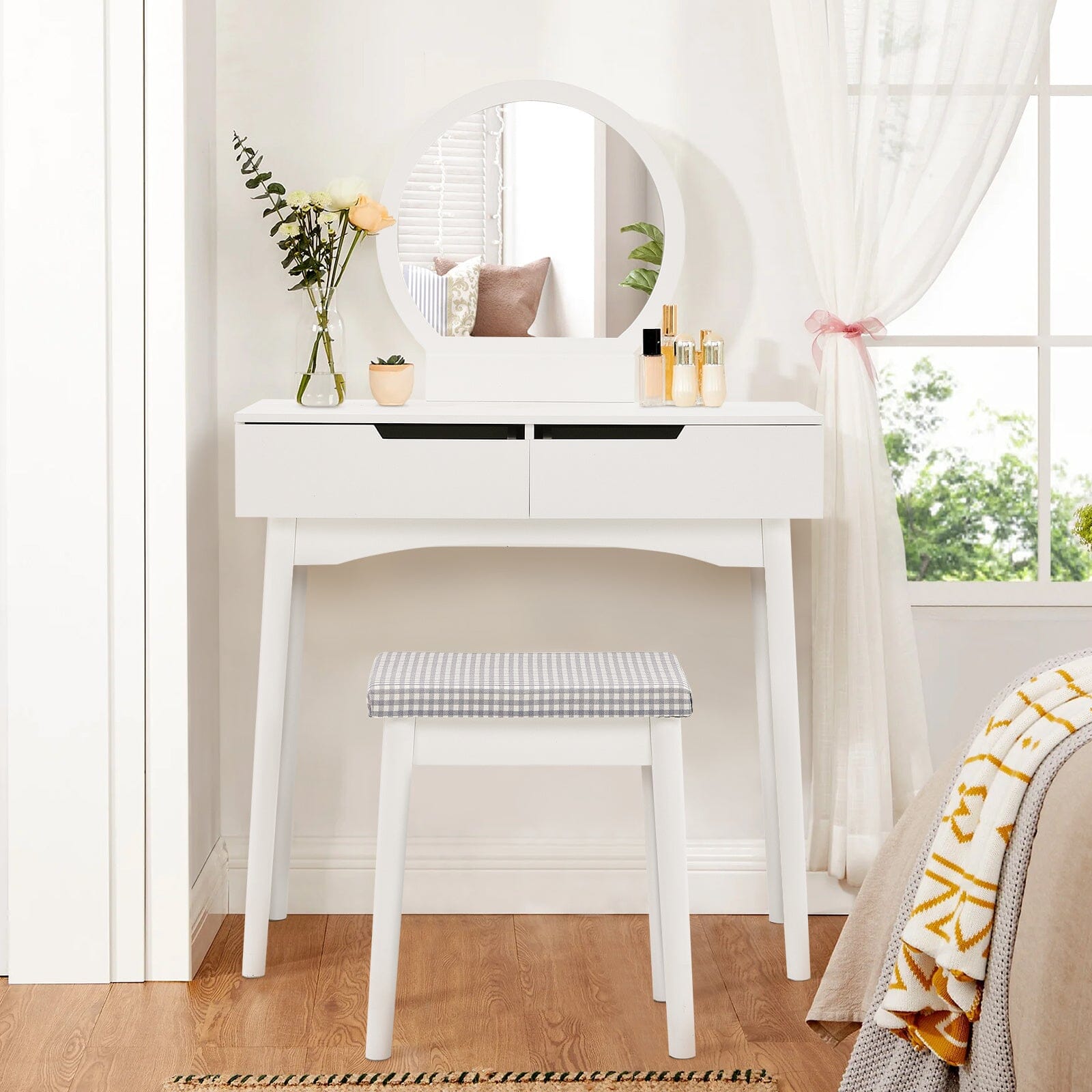 Luxurious White Vanity Table with Drawer Storage, Checkered Stool, and Round Mirror Living and Home