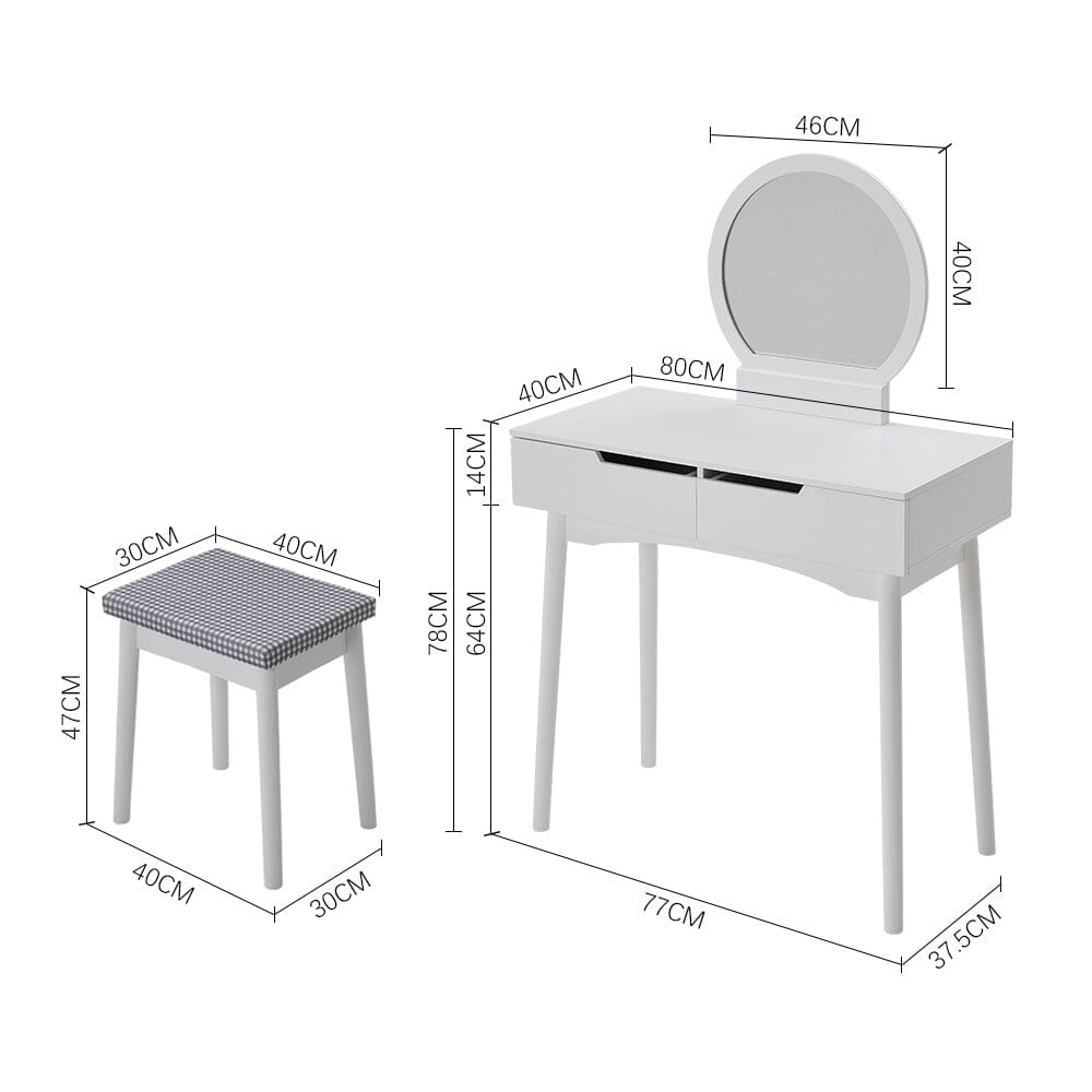 Luxurious White Vanity Table with Drawer Storage, Checkered Stool, and Round Mirror Living and Home