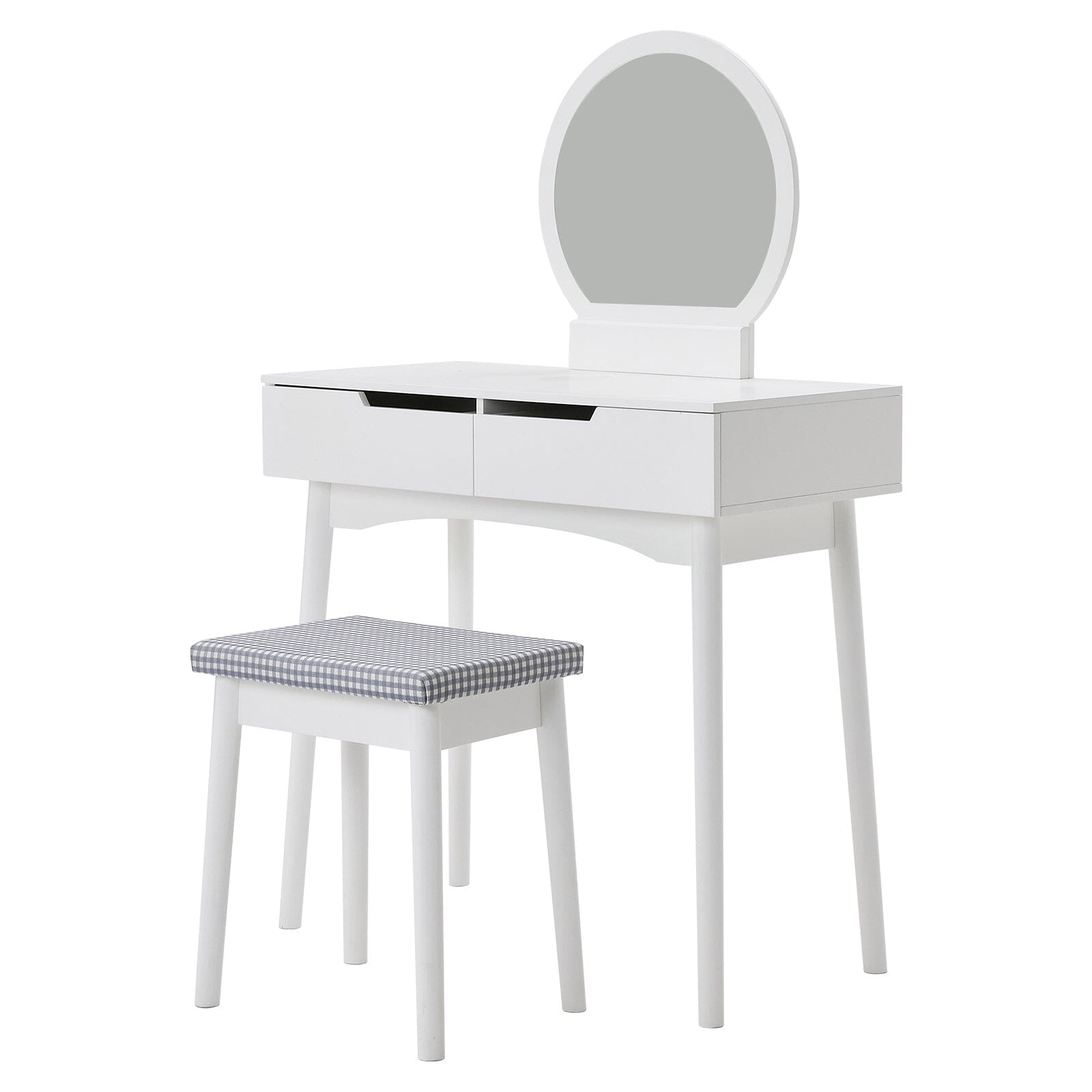 Luxurious White Vanity Table with Drawer Storage, Checkered Stool, and Round Mirror Living and Home
