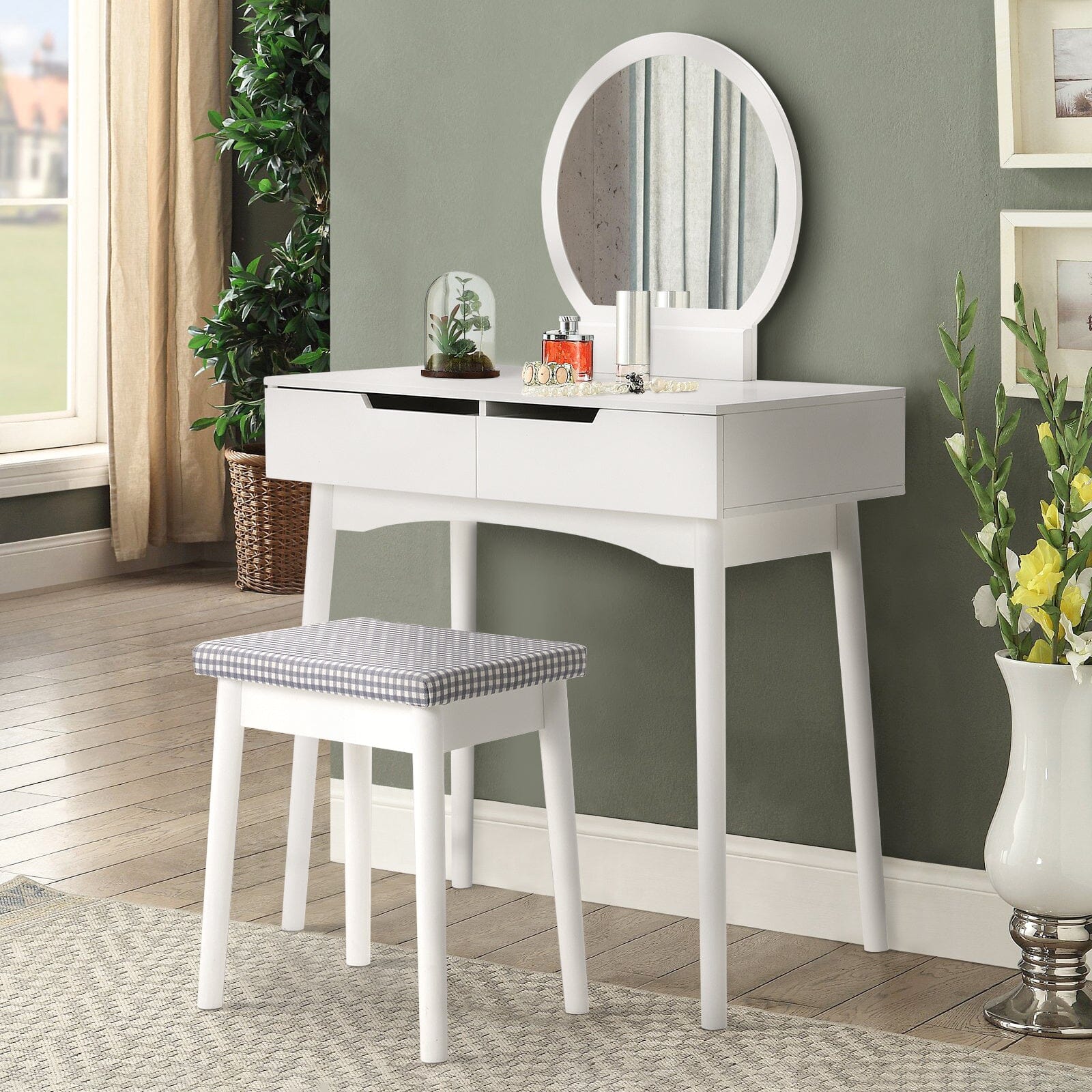 Luxurious White Vanity Table with Drawer Storage, Checkered Stool, and Round Mirror Living and Home
