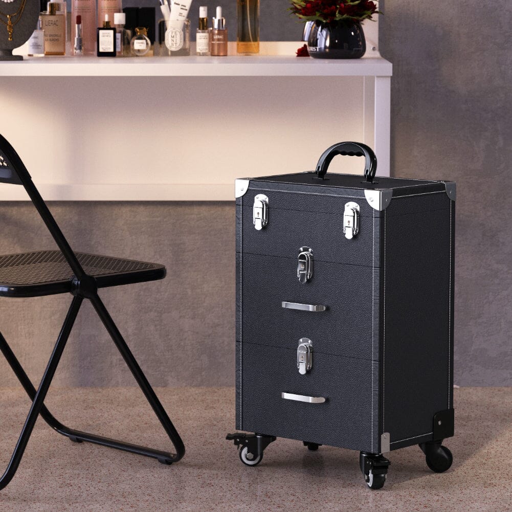 2 Drawers Portable Lockable Cosmetic Makeup Travel Case Black/Purple Makeup Organizers Living and Home