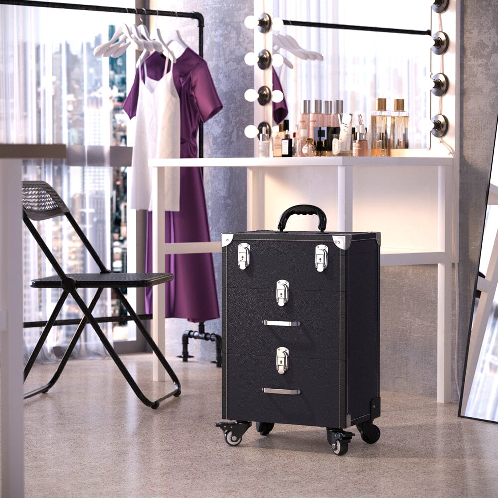 2 Drawers Portable Lockable Cosmetic Makeup Travel Case Black/Purple Makeup Organizers Living and Home