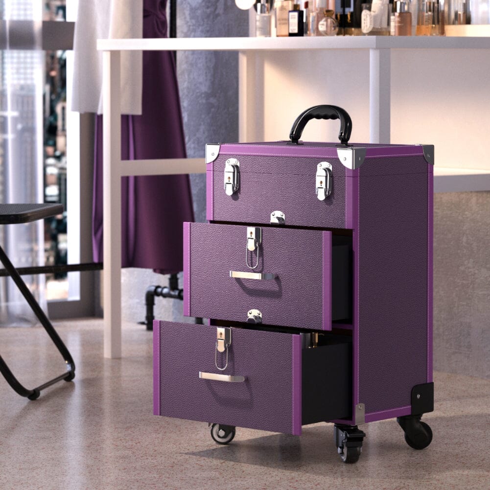 2 Drawers Portable Lockable Cosmetic Makeup Travel Case Black/Purple Makeup Organizers Living and Home