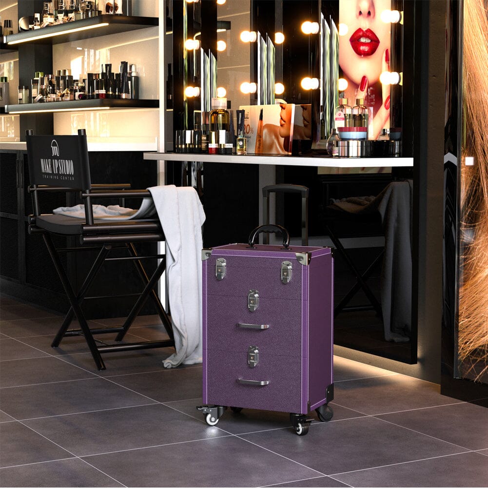 2 Drawers Portable Lockable Cosmetic Makeup Travel Case Black/Purple Makeup Organizers Living and Home